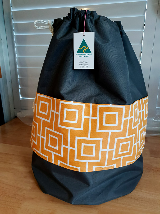 Aussie Range laundry storage bag showcase Orange Squares Charcoal